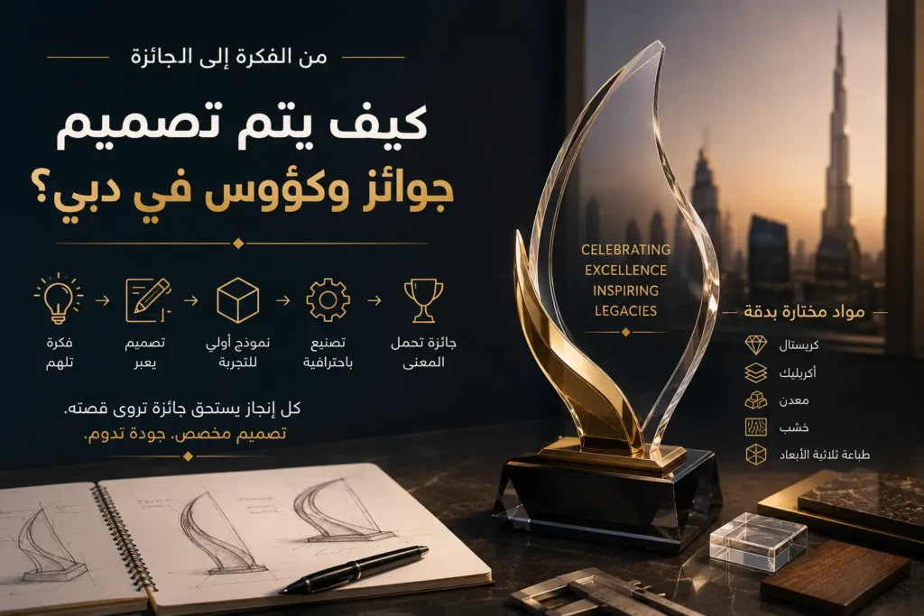 تصميم جوائز وكؤوس في دبي من الفكرة إلى التصنيع باستخدام الكريستال والمعدن والطباعة ثلاثية الأبعاد.