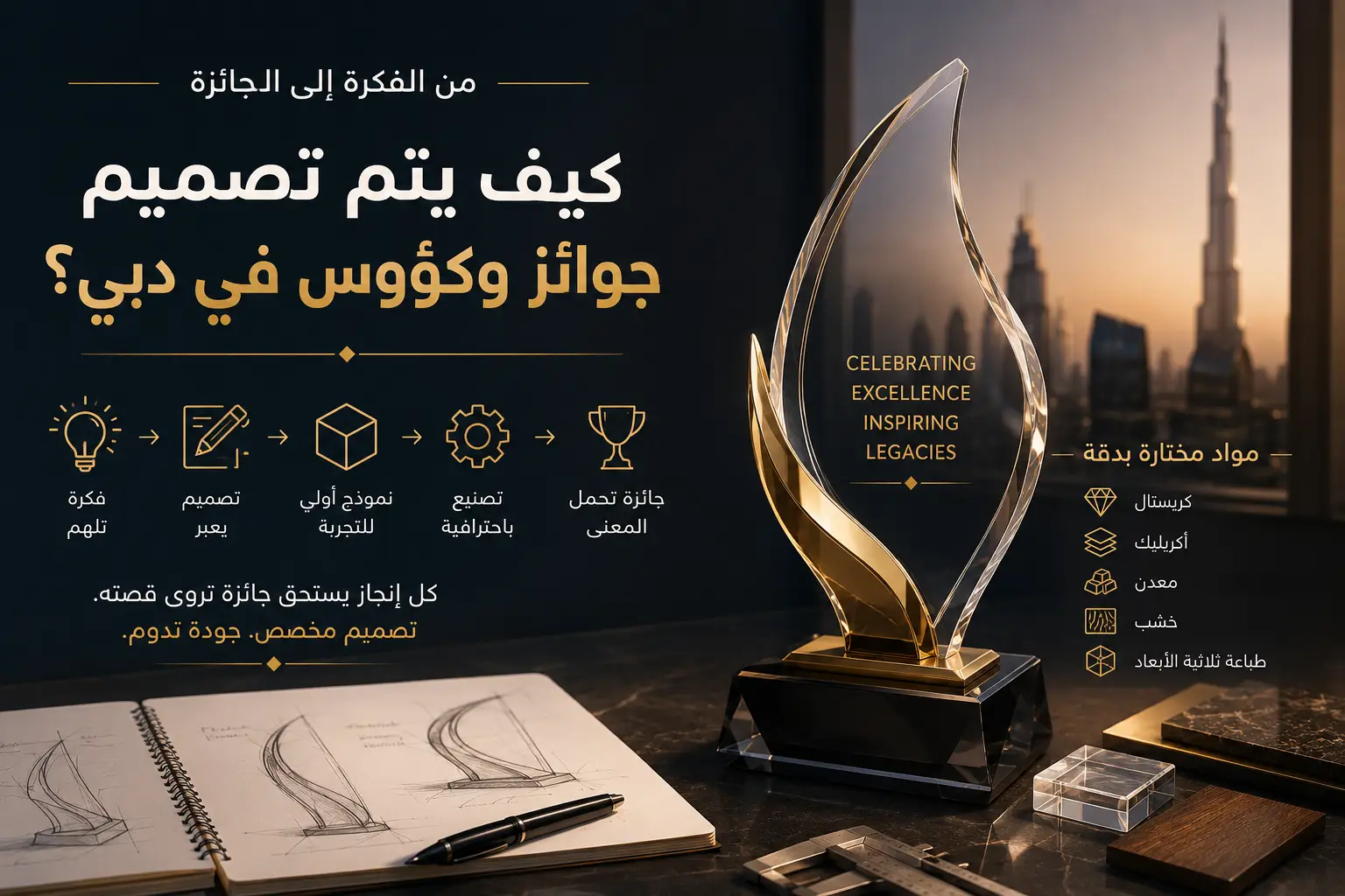 تصميم جوائز وكؤوس في دبي من الفكرة إلى التصنيع باستخدام الكريستال والمعدن والطباعة ثلاثية الأبعاد.