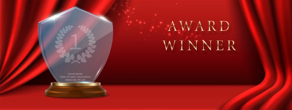 a crystal trophy in red background