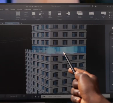 Architectural building prototype in a computer screen