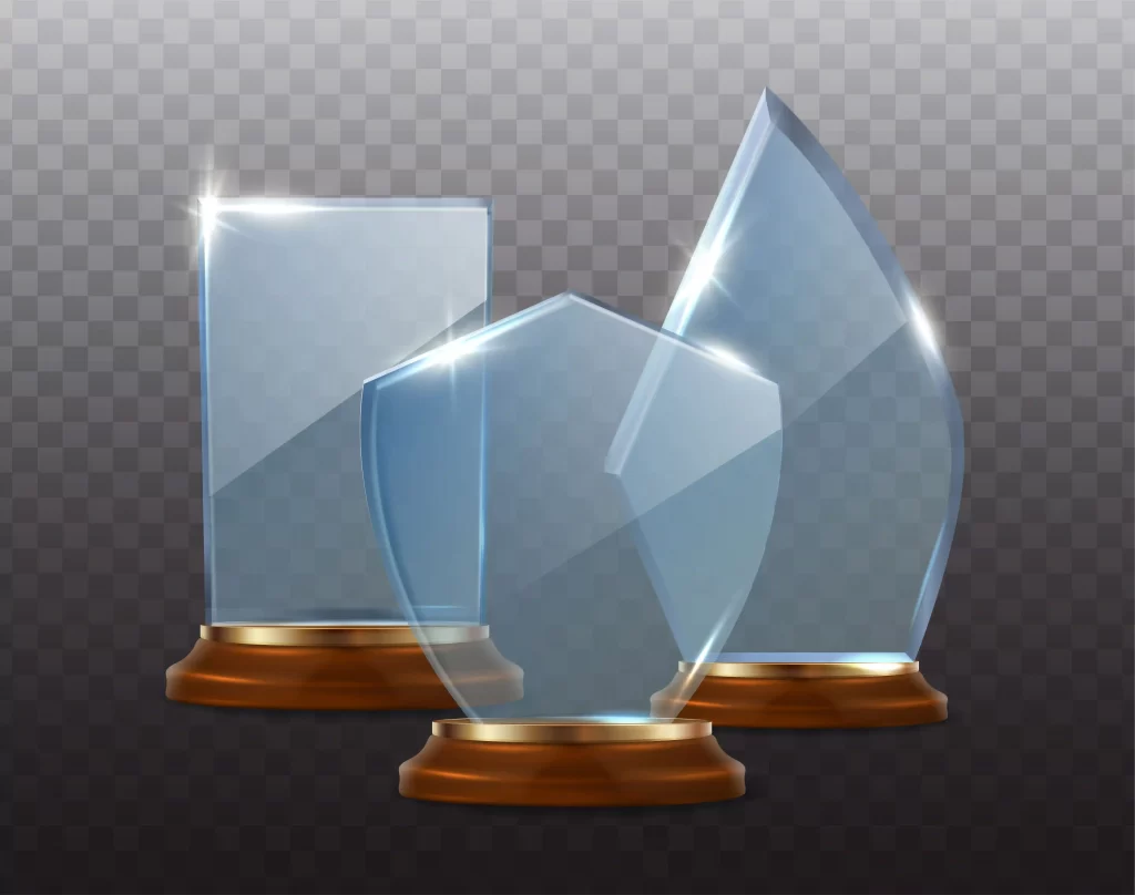 3 custom crystal trophies