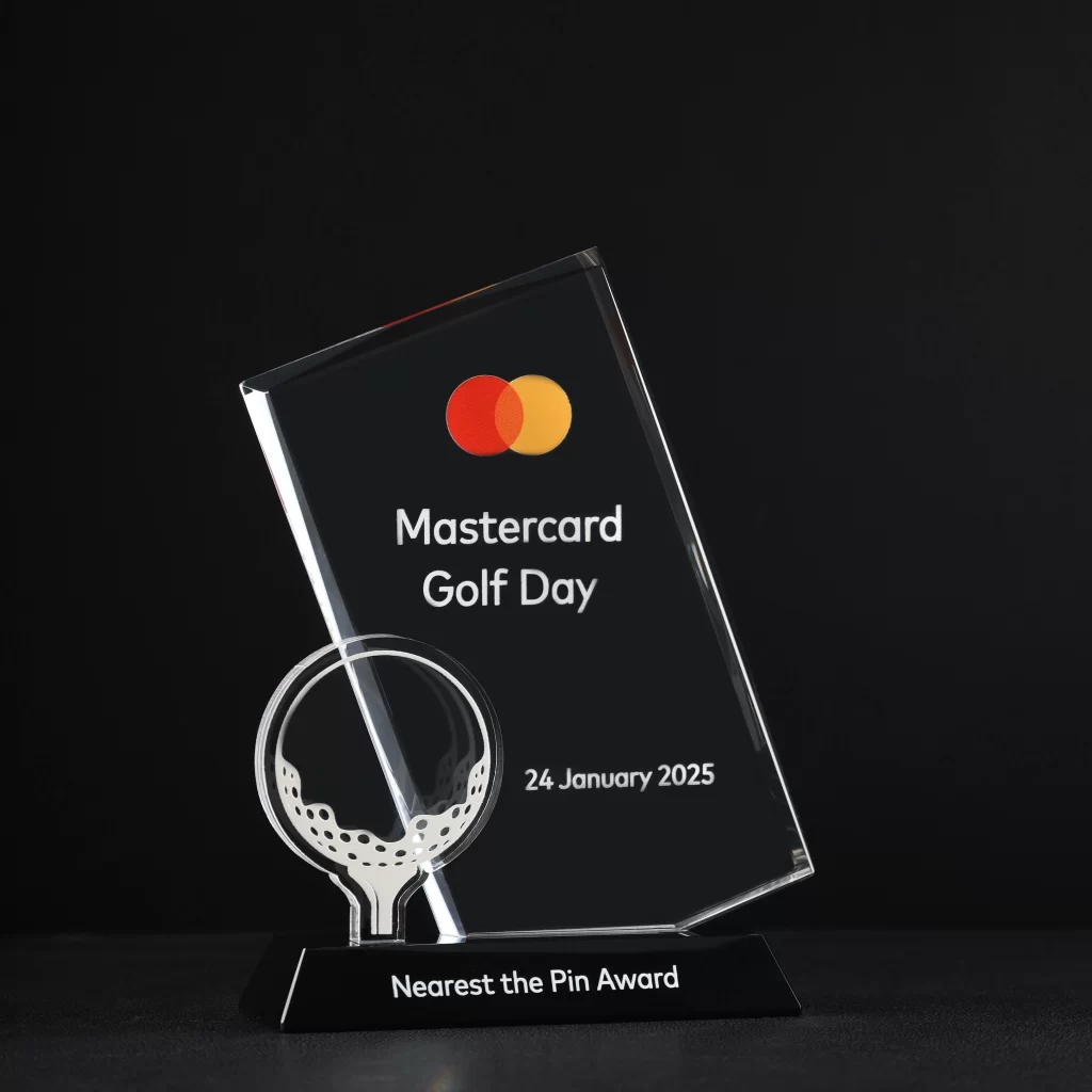 Engraved crystal golf award with custom design for Mastercard Golf Day