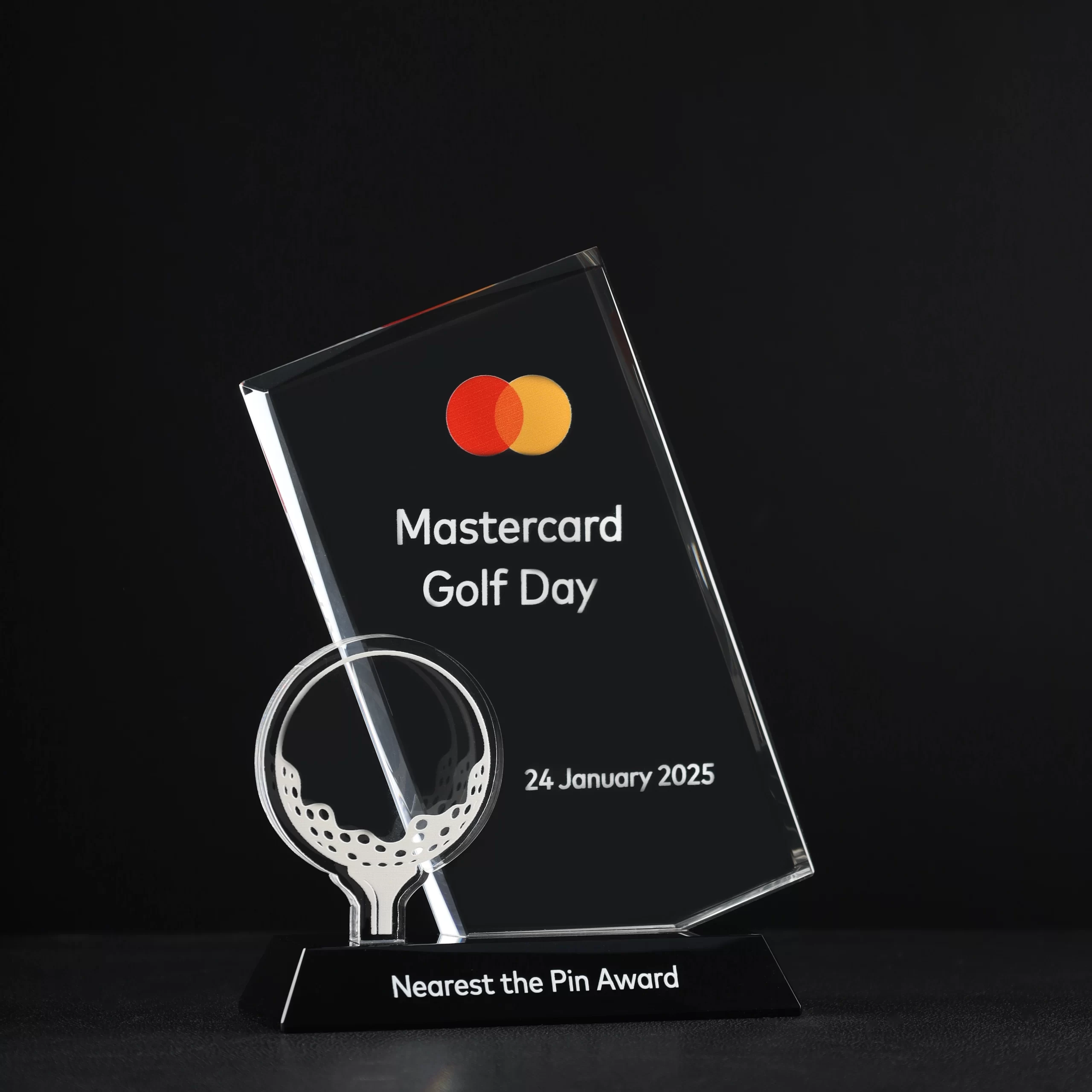 Engraved crystal golf award with custom design for Mastercard Golf Day