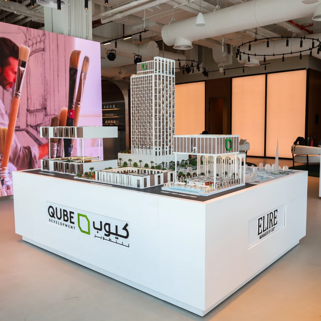 Architectural scale model for QUBE Development, crafted by a model-making company in Dubai.