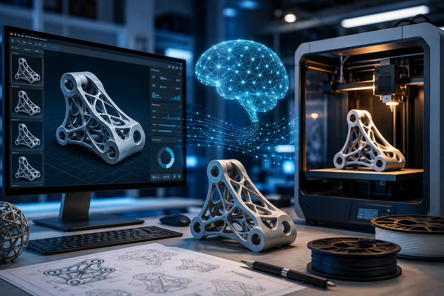 AI 3D printing software optimizing a complex industrial component for additive manufacturing and rapid prototyping in Dubai UAE