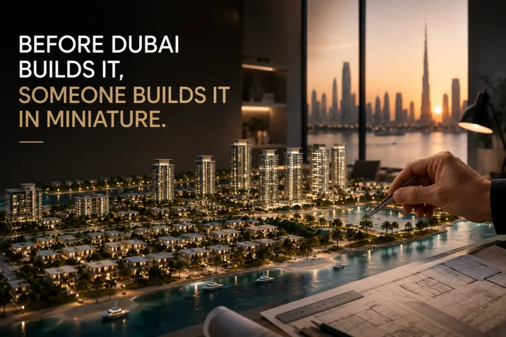 Model making in Dubai showing a detailed architectural masterplan model being handcrafted.