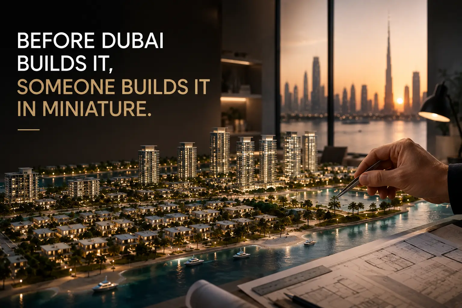 Model making in Dubai showing a detailed architectural masterplan model being handcrafted.