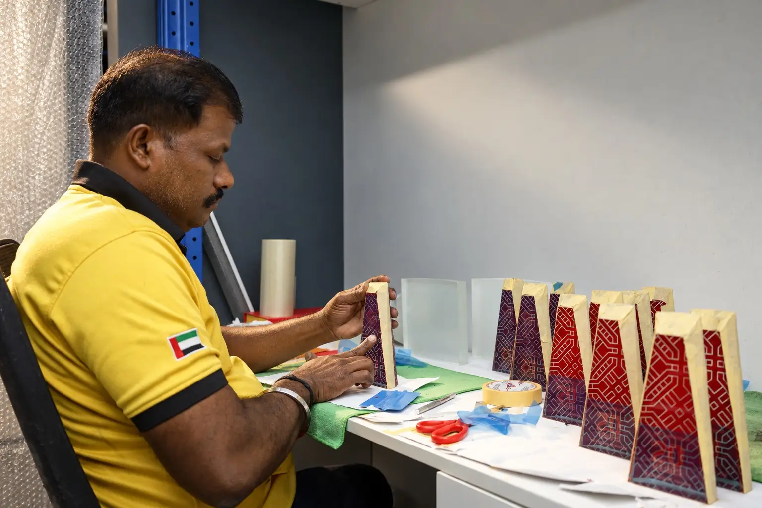Craftsman finishing custom trophies at Crystal Corporation in Dubai