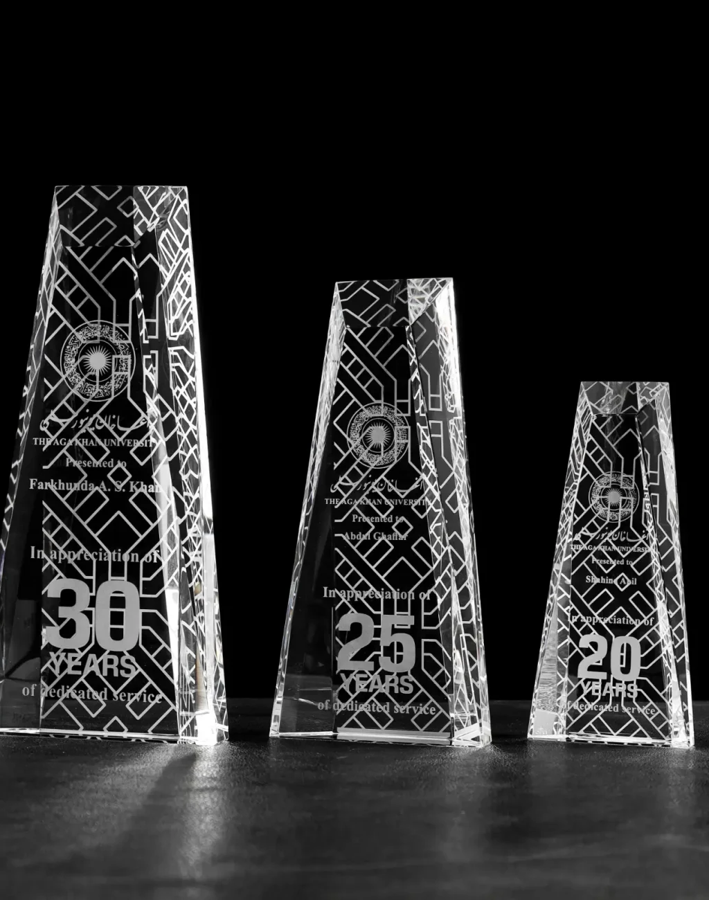 Custom crystal service recognition trophies for Aga Khan University employees